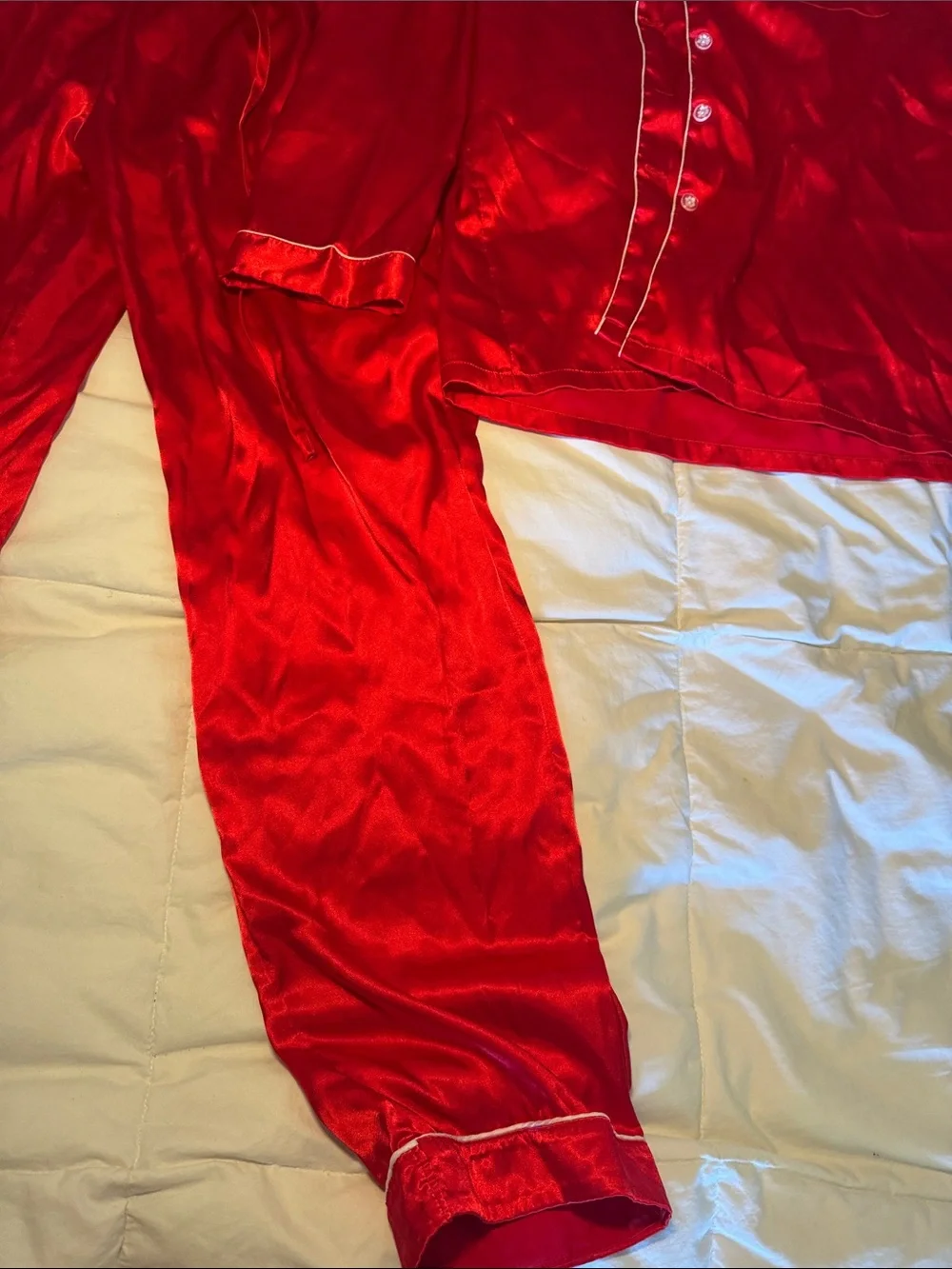 Red Satin Pajama Set - Button-Up Top & Pants